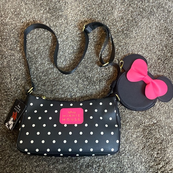 Disney Minnie Mouse Crossbody Shoulder Bag & Wallet Black Polka Dot w/ Pink NWT - Picture 1 of 8